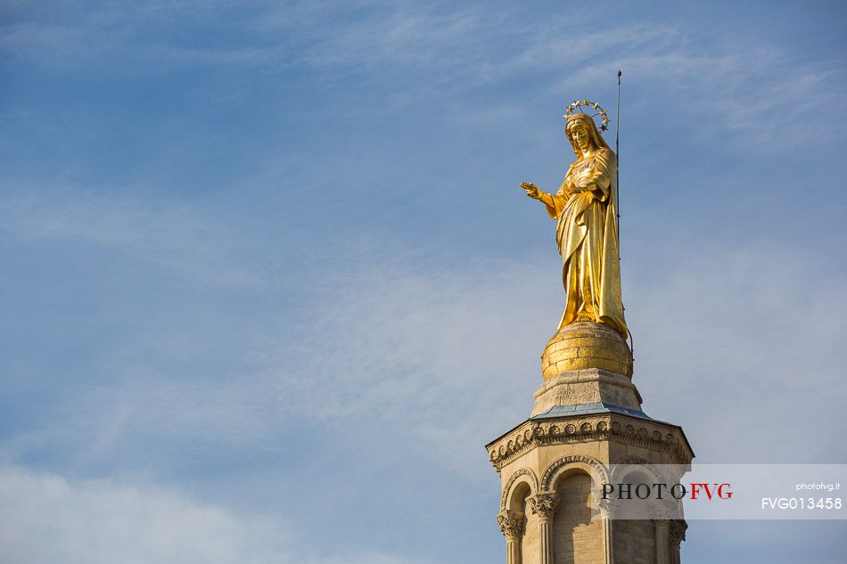 Life statue of the Virgin Mary on the bell tower of the Cathedral of Avignon