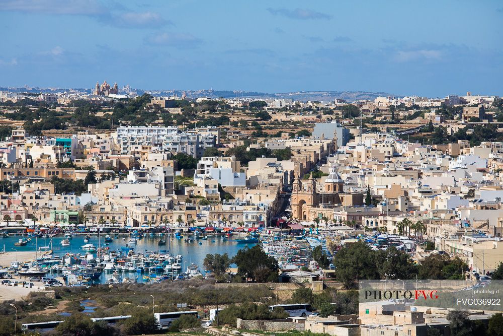 Aerial view of the historic city of Marsaxlokk on the island of Malta, Europe