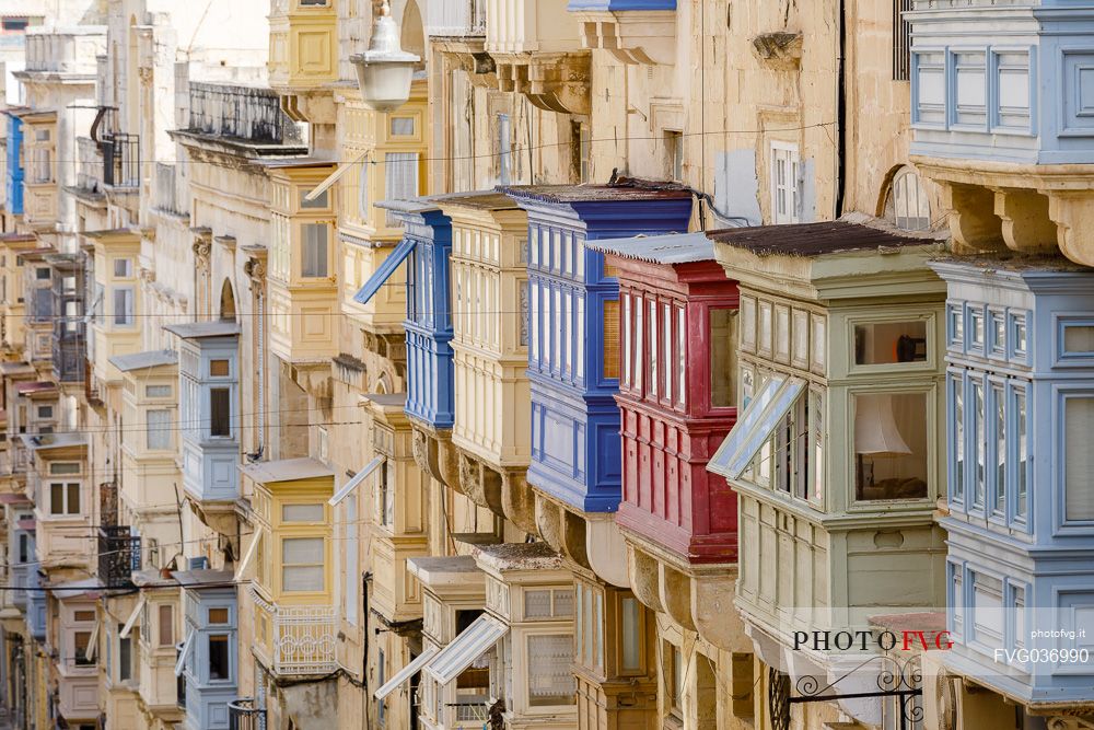 Vintage view of typical buildings balconies in La Valletta, Malta