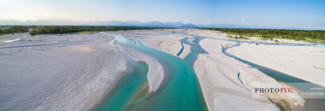 The Tagliamento river from above, panoramic view, Friuli Venezia Giulia, Italy, Europe