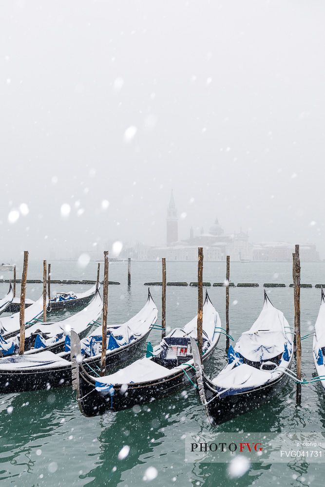 Winter snowfall in the city of Venice, gondolas covered by snow and in the background the San Giorgio Maggiore church, Venice, Veneto, Italy, Europe