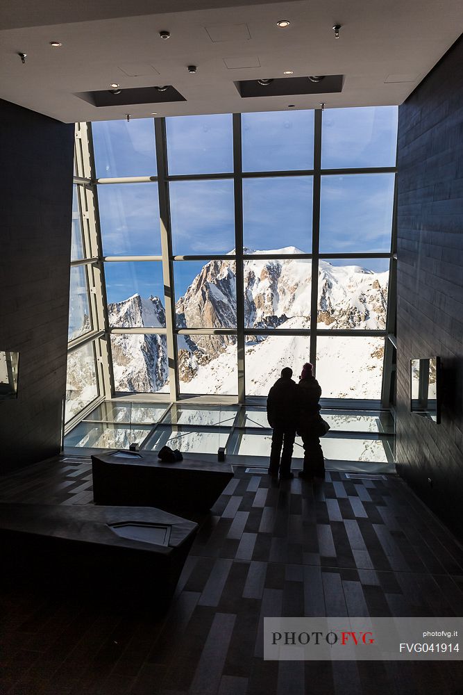 Punta Helbronner which can be reached with the SkyWay Monte Bianco cable car, Interior of the station, in the background Mont Blanc, Courmayeur, Aosta Valley, Italy, Europe
