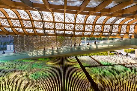 Milan Universal Exposition 2015, Expo Milano 2015, China Pavilion, architectural project of Tsinghua University and Beijing Qingshang Environmental & Architectural Design Institute. Artistic exibition representing corn field inside China Pavillion