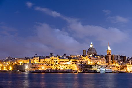 Night view of the city Valletta, with St. Paul's Cathedral, Malta, Europe