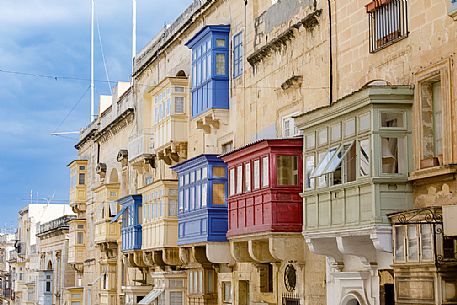 Vintage view of typical buildings balconies in La Valletta, Malta