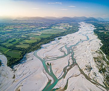 The Tagliamento river from above, panoramic view, Friuli Venezia Giulia, Italy, Europe