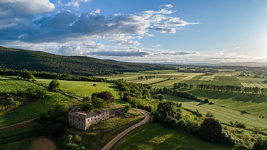 Aerial view of chianti region near Monteriggioni village, Siena, Tuscany, Italy, Europe