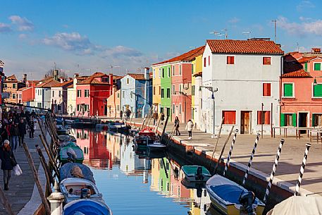 Colorful houses in Burano with canal and moored boats, Venice, Venetian lagoon, Veneto, Italy, Europe