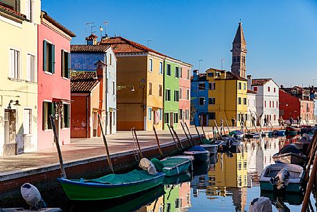 Colorful houses in Burano with canal and moored boats, Venice, Venetian lagoon, Veneto, Italy, Europe