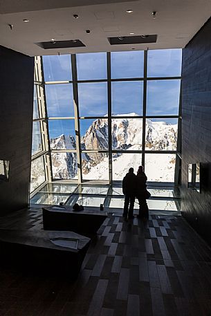 Punta Helbronner which can be reached with the SkyWay Monte Bianco cable car, Interior of the station, in the background Mont Blanc, Courmayeur, Aosta Valley, Italy, Europe