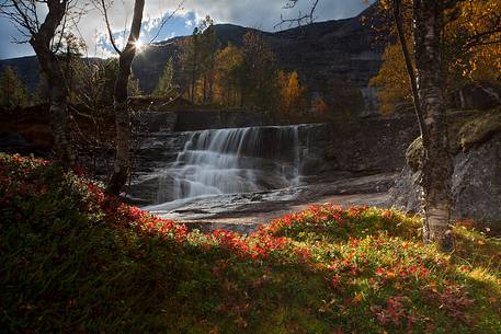 Autumnal waterfall in Nordland region, northern Norway.