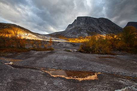 Rocky mountains and autumn colors in Nordland region, northern Norway.