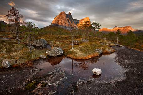 Rocky mountains and autumn colors in Nordland region, northern Norway.