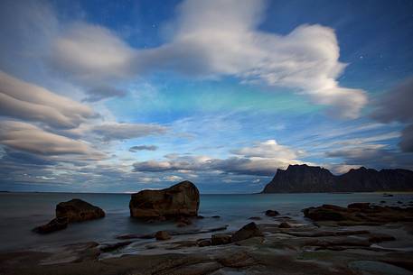 Northern lights over Utakleiv beach, Lofoten Islands.