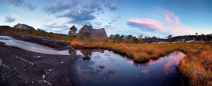 Rocky mountains and autumn colors in Nordland region, northern Norway.