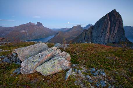 View of Segla mountain and Senja island's landscapes at moonrise.
