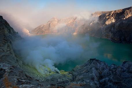 Sunrise at Ijen Crater, one of the most impressive place on Java Island, Indonesia.