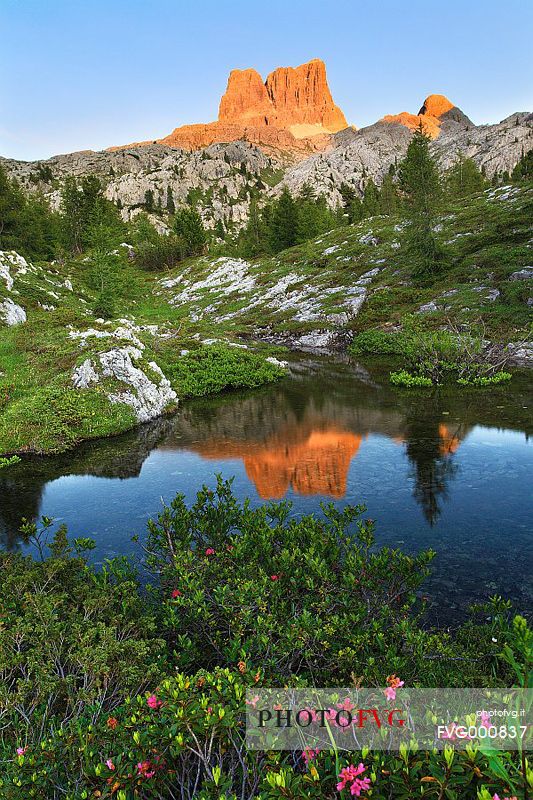 Passo Falzarego, Mount Averau and lake Limides in summer