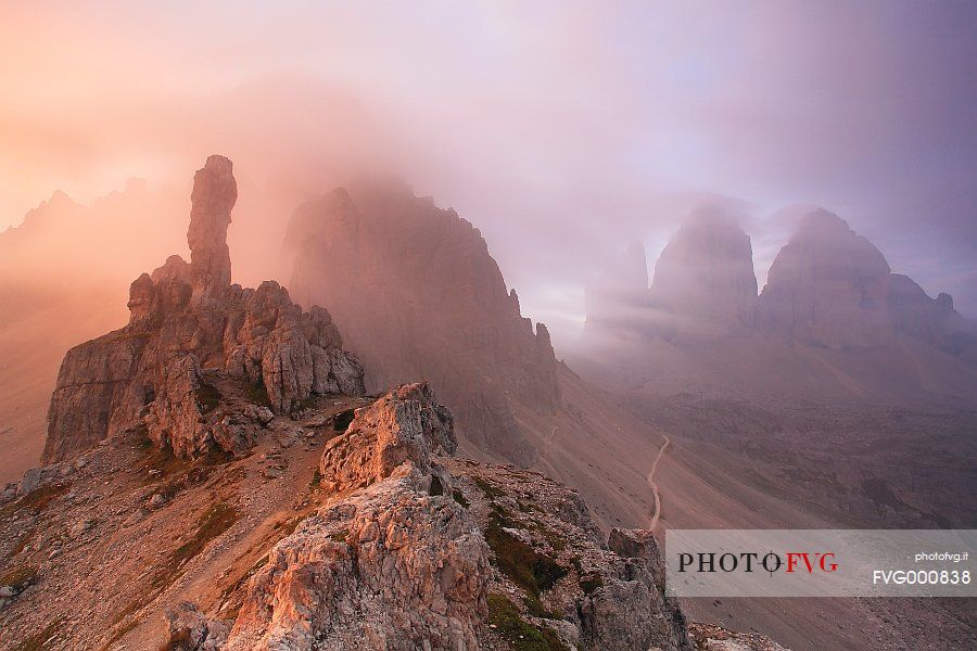 Paterno mountain and Tre Cime di Lavaredo peak at sunset, dolomites, Italy