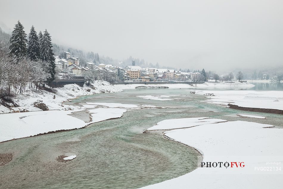 Winter landscape of Barcis and the lake, Dolomiti Friulane Natural Park oUnesco World Heritage, Italy