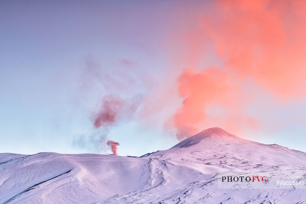 Sunset on Northern Etna National Park,
ash eruption, Sicily, Italy