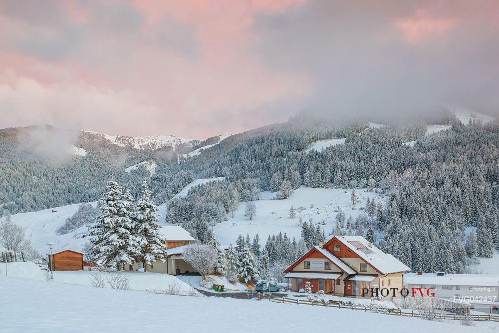 The snowy village of Bad Kleinkirchheim at sunset, Carinthia, Austria, Europe