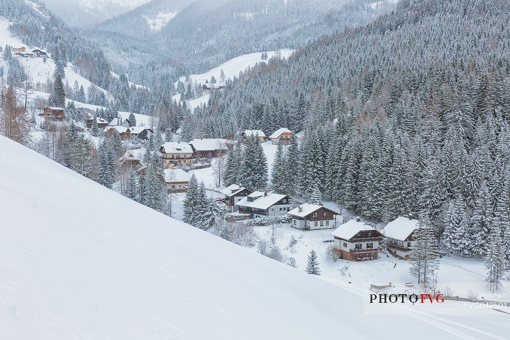 View form above of Bad Kleinkirchheim village in the snow, Carinthia, Austria, Europe