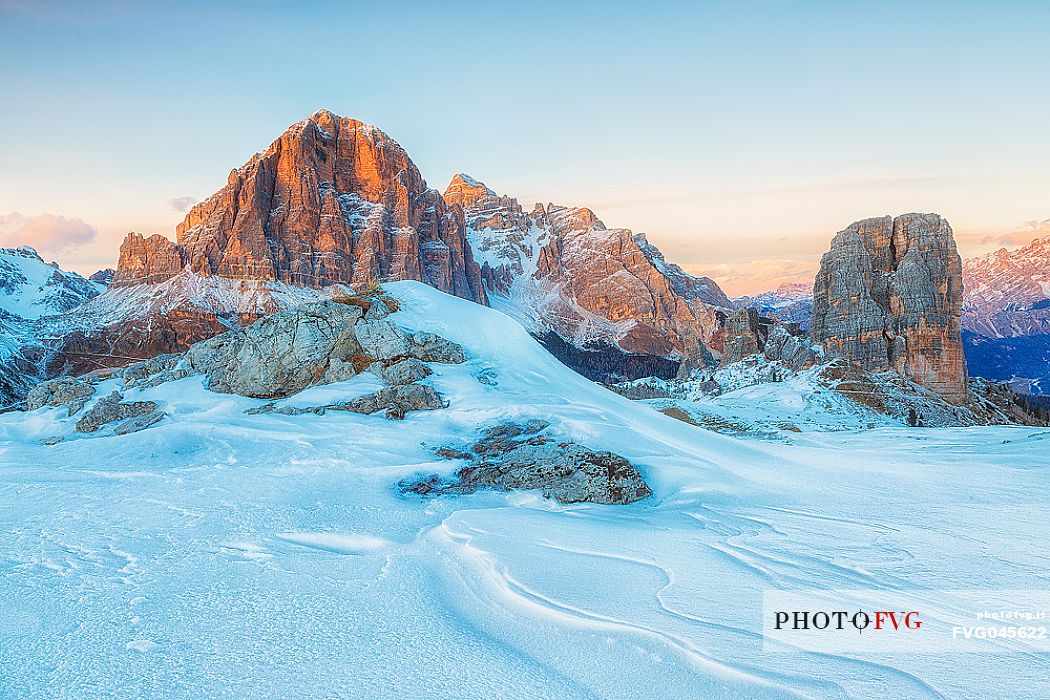 Tofane and Cinque Torri mountains at sunset, Cortina d'Ampezzo, dolomites, Veneto, Italy, Europe
