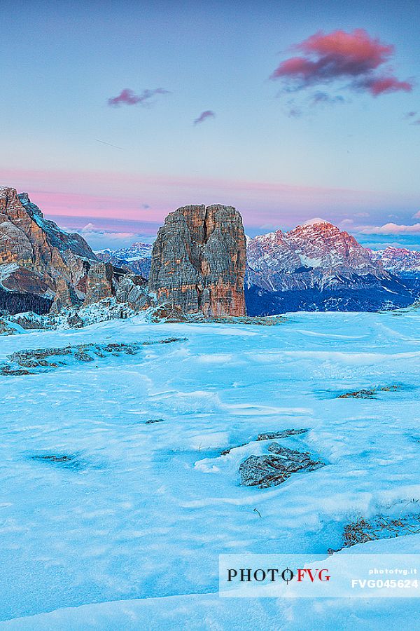 Cinque Torri and Cristallo mountains at sunset, Cortina d'Ampezzo, dolomites, Veneto, Italy, Europe