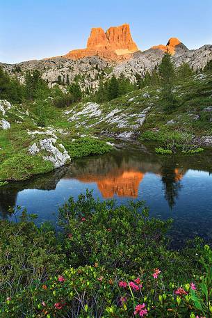 Passo Falzarego, Mount Averau and lake Limides in summer