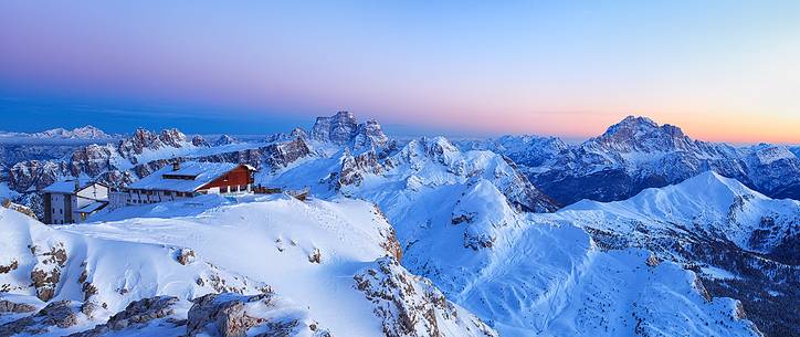 panorama of Refuge Lagazuoi on sunset light