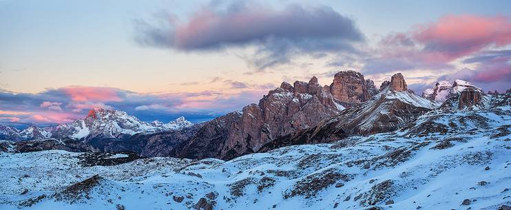 panoramic of Dolomiti di Sesto Natural Park on sunrise