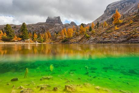 Autumn in lake Limides (or Limedes), and in the background Averau mountains