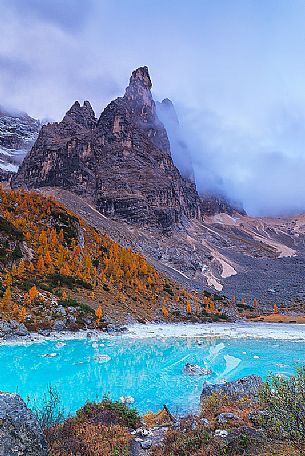 The magic light blue of Sorapis glacial Lake in autumn sorrounded by pine and yellow larches, Cortina d'Ampezzo, dolomites, Italy