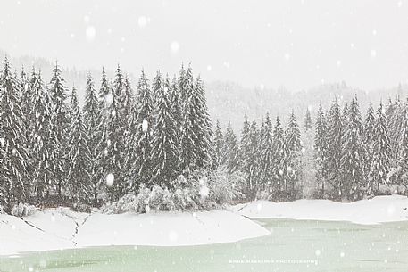 Barcis lake in the snowy, Dolomiti Friulane Natural Park, Friuli Venezia Giulia, Italy