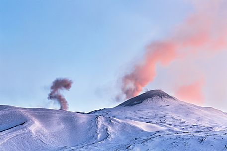 Sunset on Northern Etna National Park,
ash eruption, Sicily, Italy