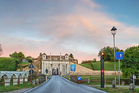 Porta Udine (gate) to the fortress town of Palmanova at sunset, Friuli Venezia Giulia, Italy