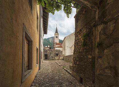 Downtown of Venzone village. It was declared National Monument in 1965 as unique fortified village of the XIV century in the region, Friuli Venezia Giulia, Italy
