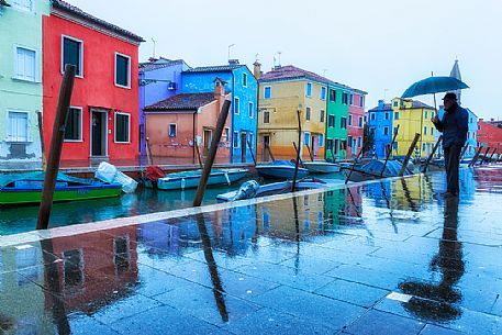 Raining in the Burano island, a typical village in the Venetian islands, Venice, Italy