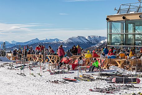 Nock restaurant terrace on the top of Biosphrenpakbahn Brunnach alpine station cableway, Nockberge mountains range, Bad Kleinkirchheim, Carinthia, Austria, Europe