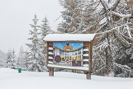 Advertising billboard for the spa along the natural snowy trail, Bad Kleinkirchheim, Carinthia, Austria, Europe

