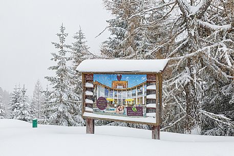 Advertising billboard for the spa along the natural snowy trail, Bad Kleinkirchheim, Carinthia, Austria, Europe

