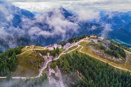 Panoramic view of the Sanctuary of the Madonna of Lussari mount, Tarvisio, Julian Alps, Friuli Venezia Giulia, Italy, Europe