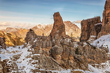 Detail of mount Cinque Torri at sunset, Cortina d'Ampezzo, dolomites, Veneto, Italy, Europe