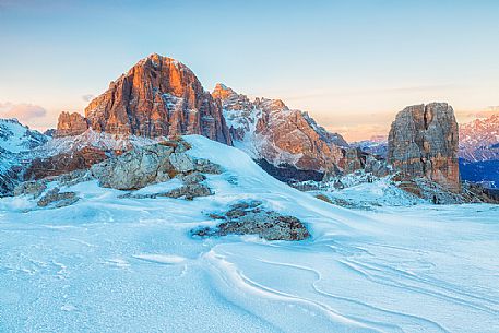 Tofane and Cinque Torri mountains at sunset, Cortina d'Ampezzo, dolomites, Veneto, Italy, Europe