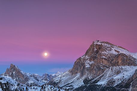 Lagazuoi, Sass de Strian and Alta Badia mountains with moon, dolomites, Cortina d'Ampezzo, Veneto, Italy, Europe