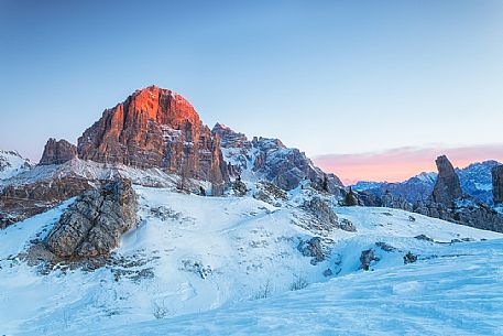 Tofane and detail of Cinque Torri mountains at sunset, Cortina d'Ampezzo, dolomites, Veneto, Italy, Europe