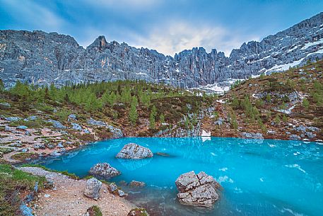 Sorapiss mountain group from lake Sorapis, Cortina d'Ampezzo, Dolomites, Veneto, Italy, Europe 