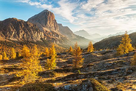 Tofane from Falzarego Pass in autumnal sunrise, Cortina d'Ampezzo, Dolomites, Veneto, Italy, Europe 