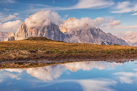 Passo Giau, Tofane mountains reflection at sunset, Cortina d'Ampezzo, dolomites, Veneto, Italy, Europe